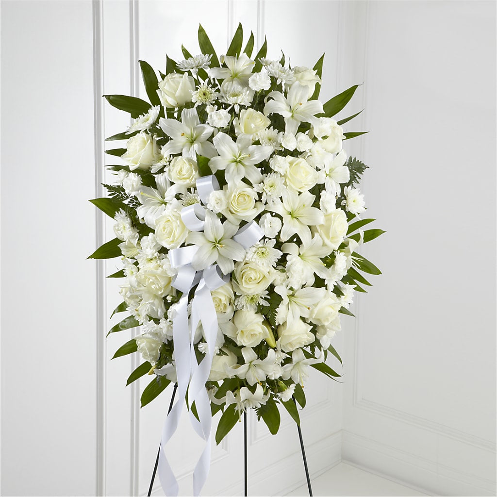 Exquisite Tribute Standing Spray-White Ribbon – CARMIN'S FLOWER SHOP, Laredo TX