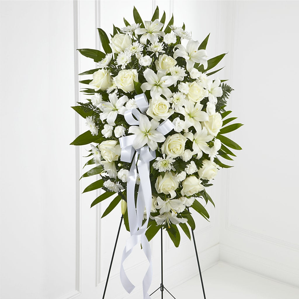 Exquisite Tribute Standing Spray-White Ribbon – CARMIN'S FLOWER SHOP, Laredo TX